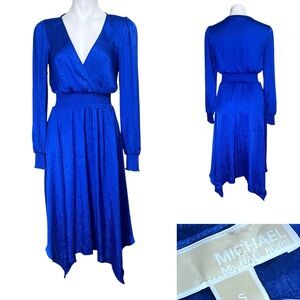 Michael Kors midi dress sz S Royal Blue Long Sleeve blouson handkerchief hem